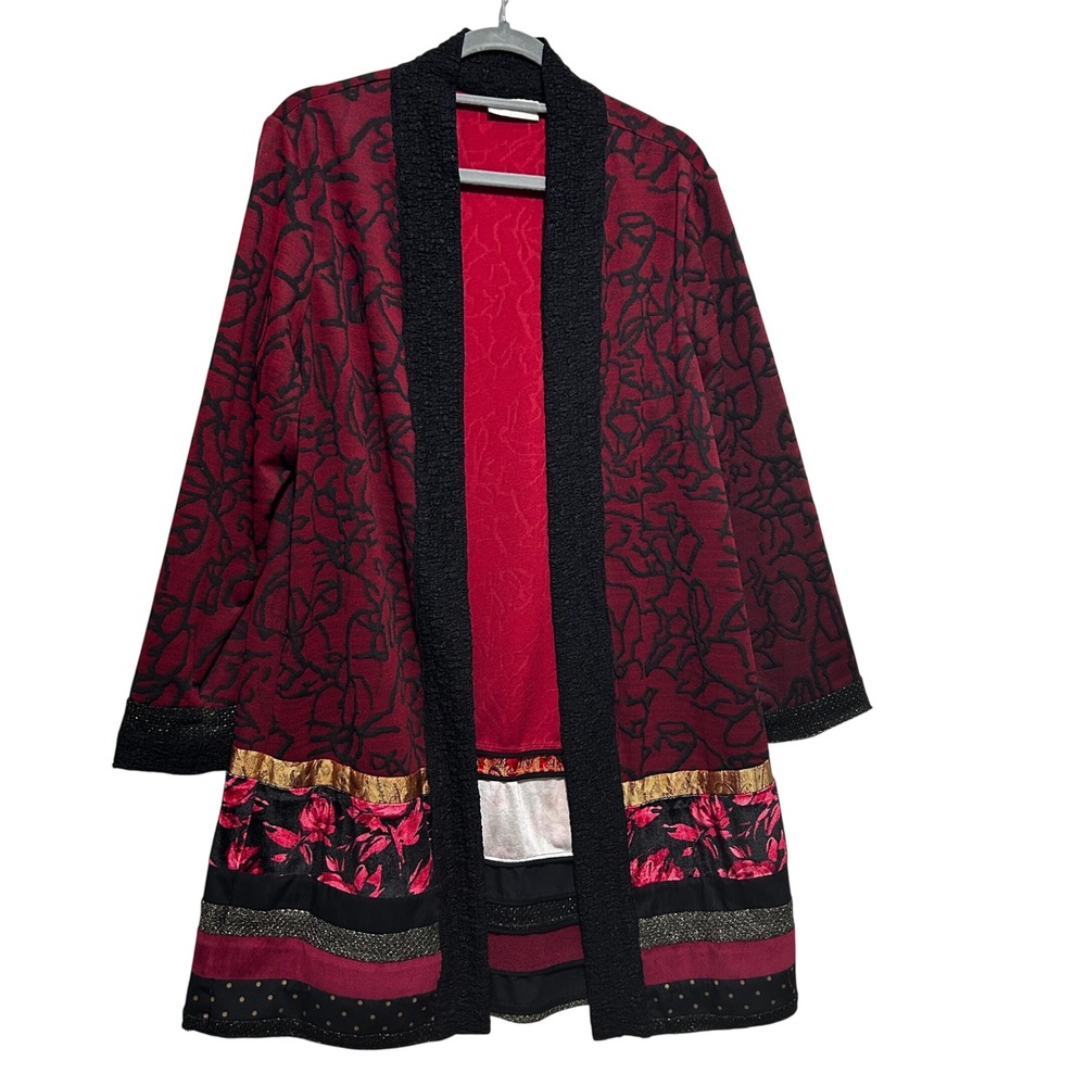 Chicos 2 Womens Jacket L Red Black Mixed Print Open Front Artistic Boho Chic